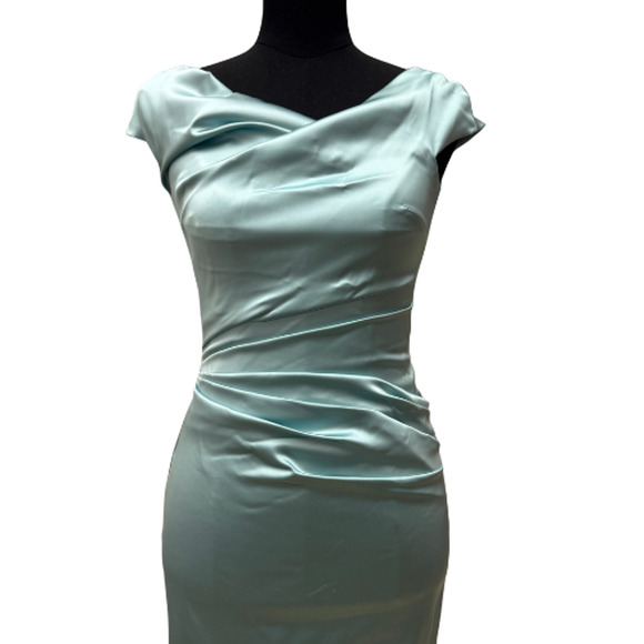 Talbot Runhof Ruched Satin Duchesse Gown Dress Aqua Blue Size 2 Long Formal - Picture 5 of 10